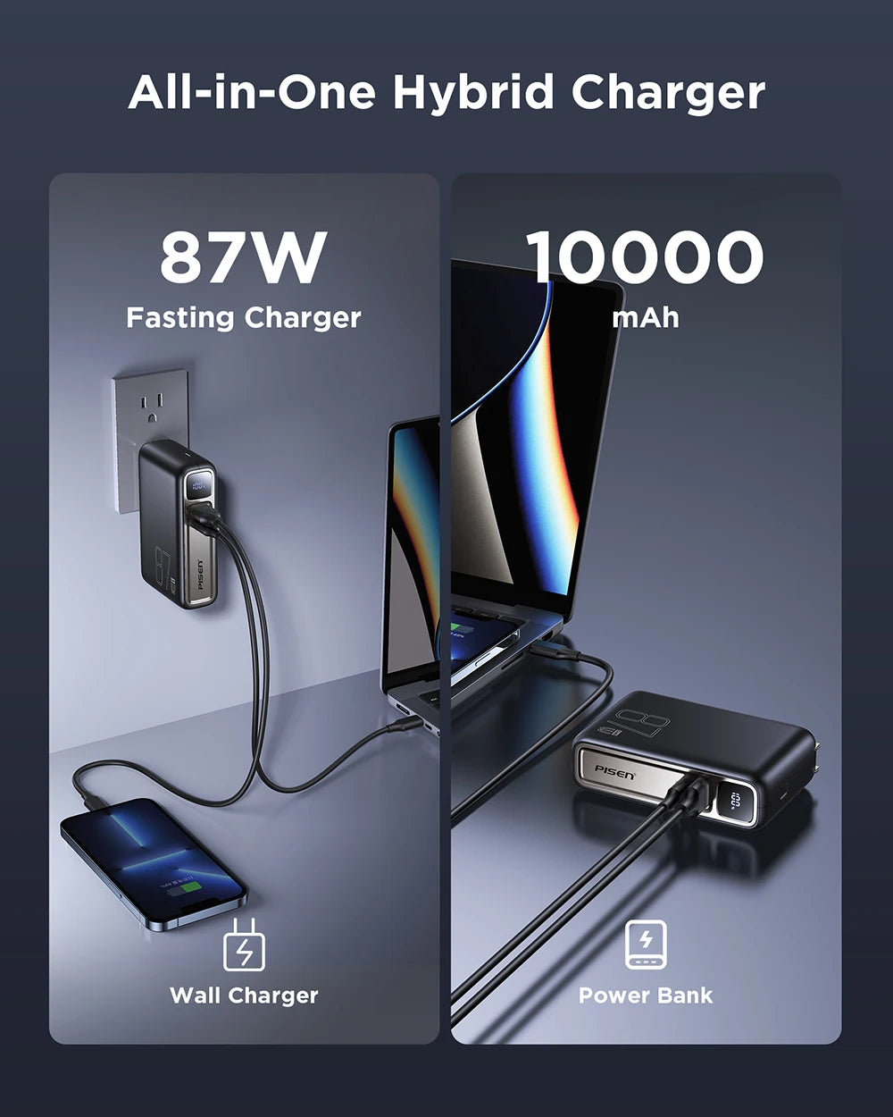 PISEN GaN Hybrid Power Bank With Wall Plug Fast Charger