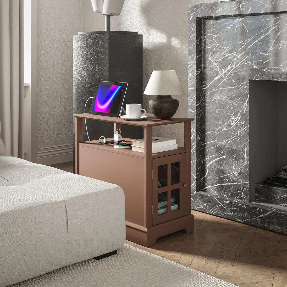 HOMCOM End Table With Charging Station USB Ports And Storage