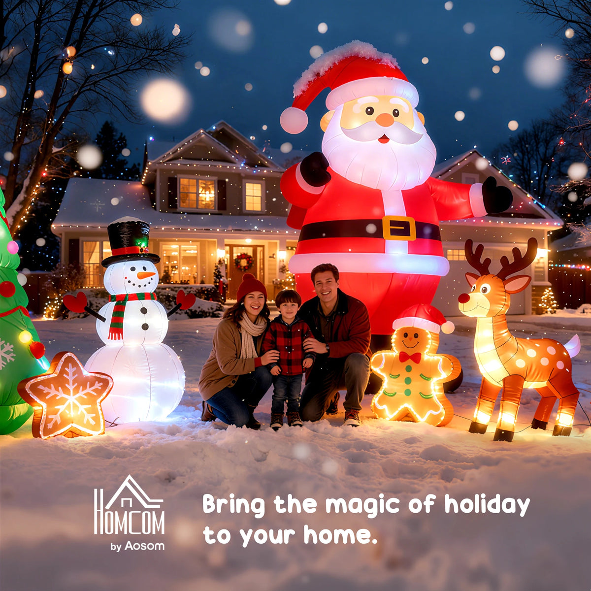 HOMCOM 8ft Long Christmas Inflatable Santa Claus with Sleigh and Reindeer, Outdoor Blow-Up Yard Decoration with LED Lights Display