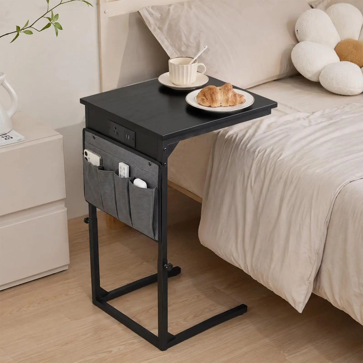 C-Shaped End Table with Charging Station and Power Outlet, Adjustable Height 18-32 Inch Couch Side Table with Hanging Organizer, Multi-Functional Bedside Table for Living Room, Bedroom, Office