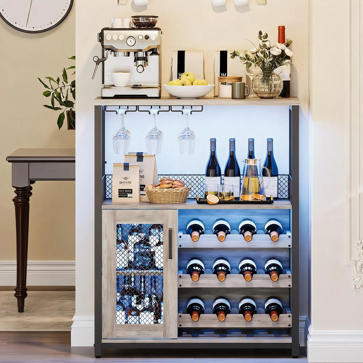 Wine Bar Cabinet With LED Lights And Adjustable Shelves