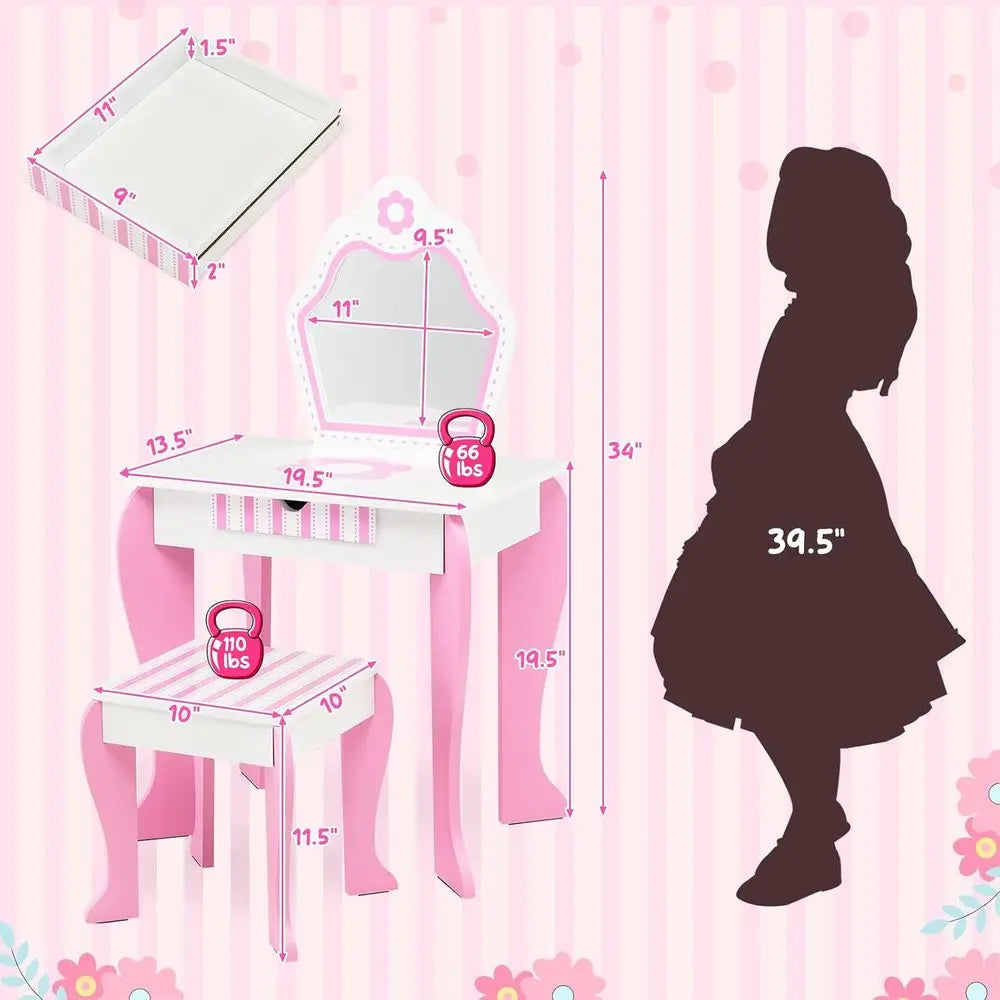 Kids Vanity, Girls Vanity Set with Mirror and Stool, Storage Der, Wooden PrincMakeup Dring Table, Kids Vanity Table and Chair Se