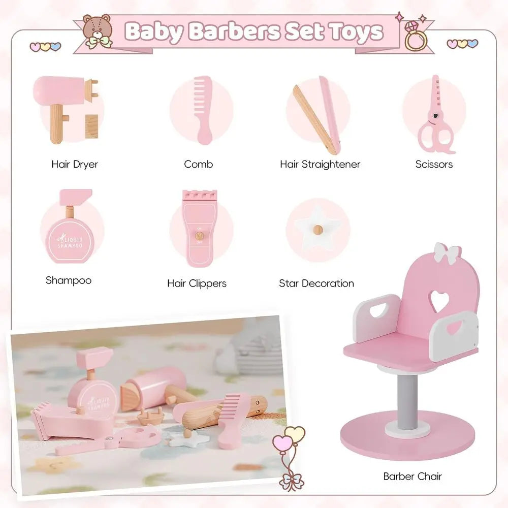 Kids Vanity Set with Light and Barber Chair, Pink Makeup Dring Vanity Table with Storage Shel and Hair Sn Play Set 7 pcs Accorie