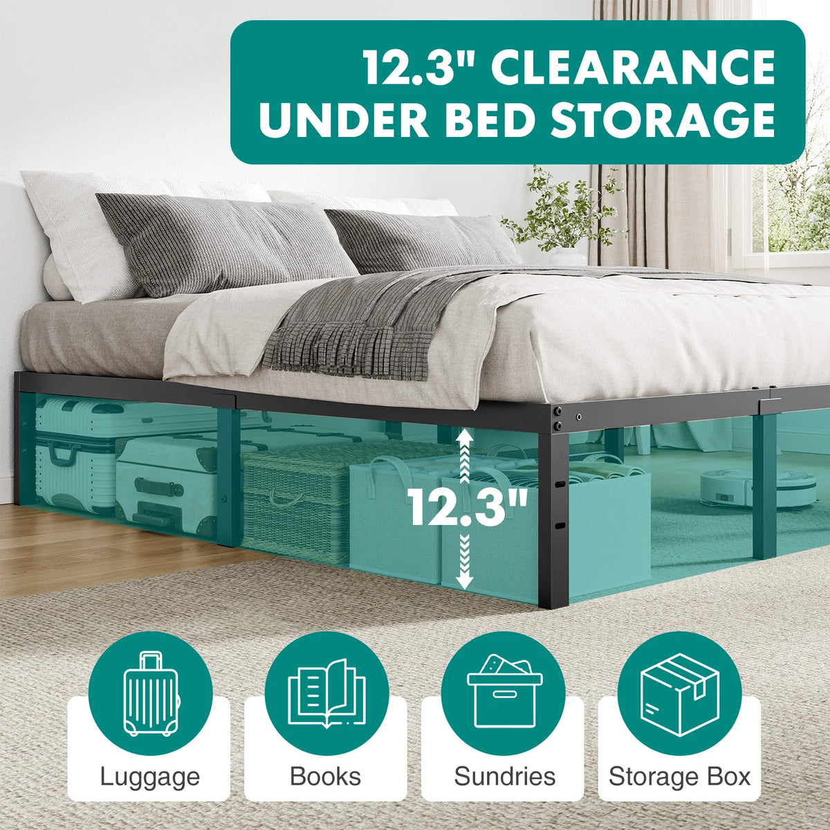 MCQ 14 Inch Metal Platform Bed Frame All Size Platform with Storage Sturdy Steel Slat Support Bedroom Bed Heavy Capacity For Home