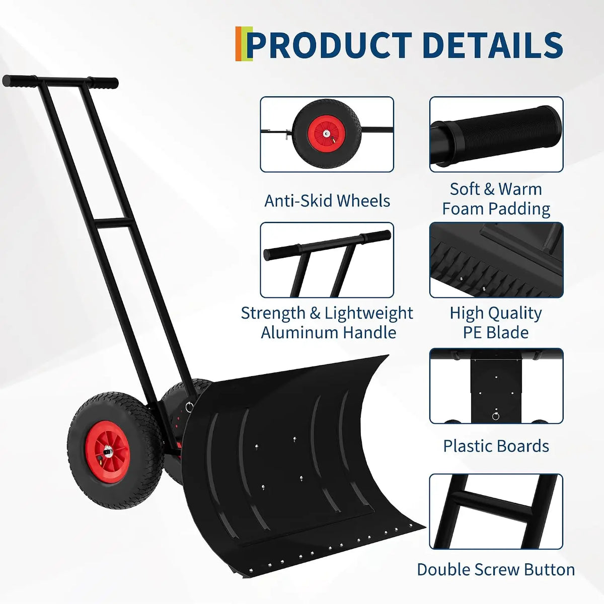 Wheeled Metal Snow Pusher with Adjustable Handle for Driveway Clearing