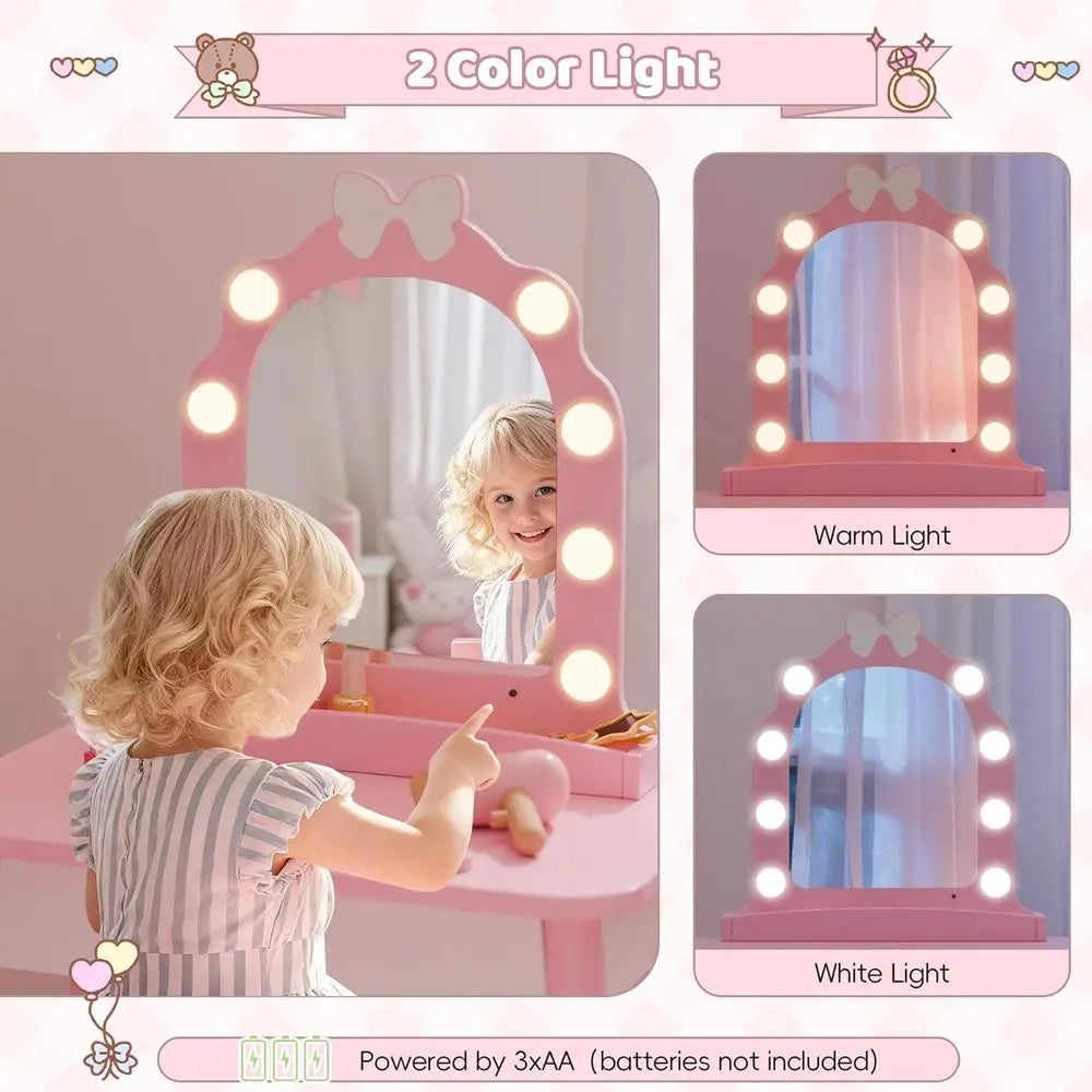 Kids Vanity Set with Light and Barber Chair, Pink Makeup Dring Vanity Table with Storage Shel and Hair Sn Play Set 7 pcs Accorie