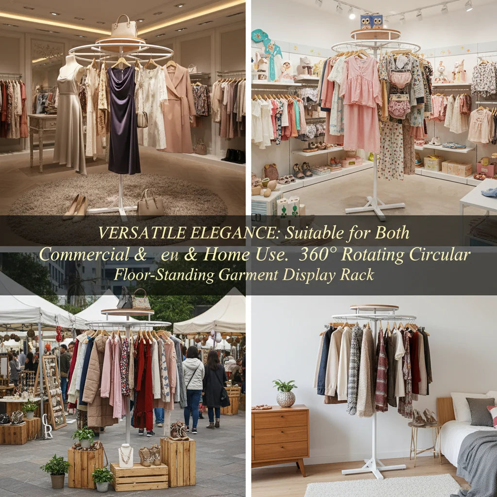 Round Clothing Display Rack 70cm Diameter, Floor-Standing Rotating Garment Rack with Solid Wood Top Shelf, 360° Swivel Heavy Duty Display Stand for Boutique Retail Store, White