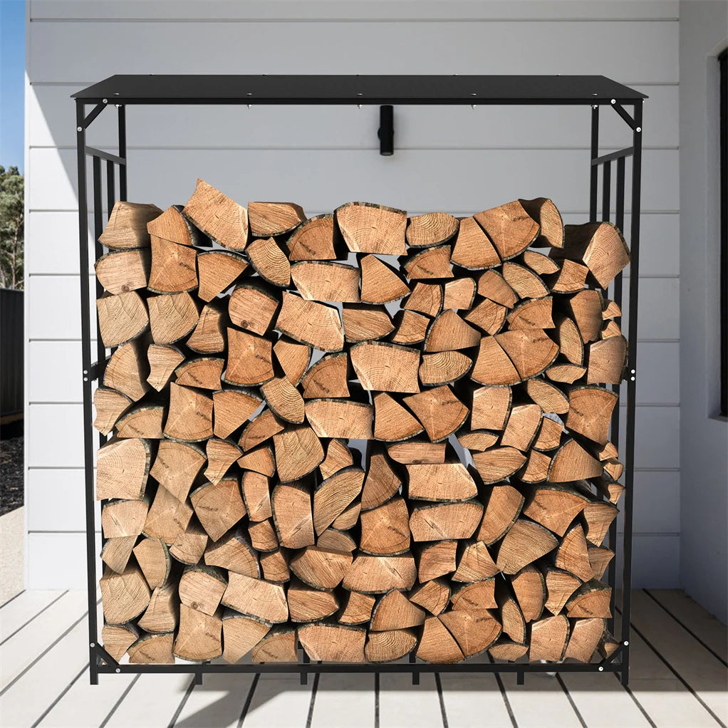 70" Outdoor Metal Log Store Stack Holder Wood Firewood Rack Garden Storage Shed with Waterproof Roof