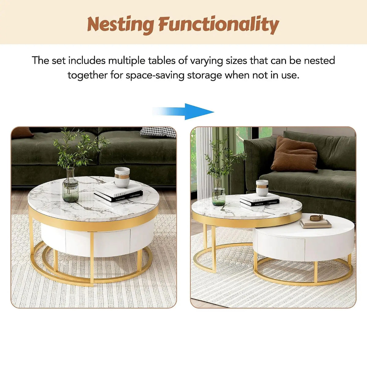 Modern Round Nesting Coffee Table with Marble Top, White & Gold Nesting Coffee Table Set of 2 Center Table with, Customized