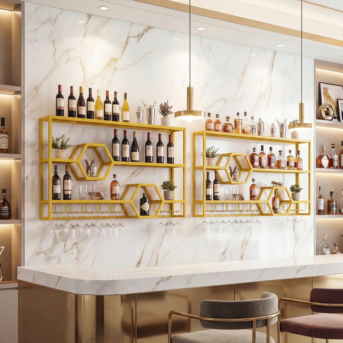 HOMASIS Wall Mounted Wine Rack With Glass Holder Bar Shelf