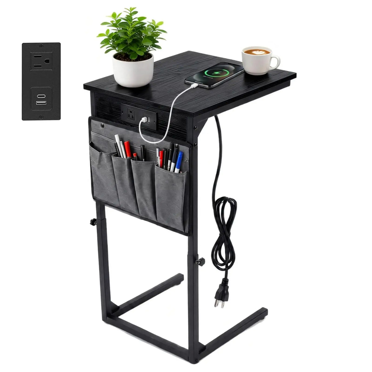 C-Shaped End Table with Charging Station and Power Outlet, Adjustable Height 18-32 Inch Couch Side Table with Hanging Organizer, Multi-Functional Bedside Table for Living Room, Bedroom, Office