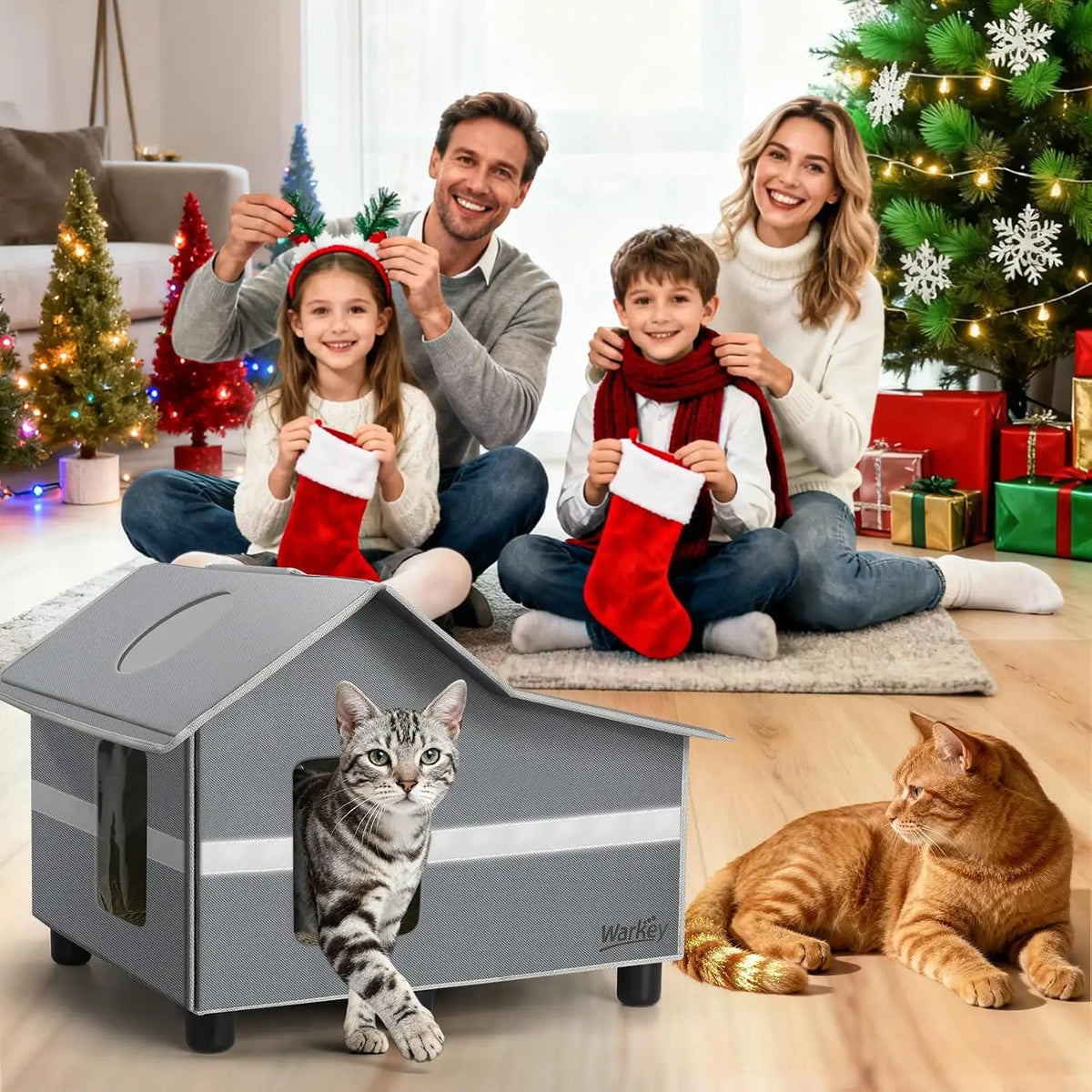 Outdoor Cat House Weatherproof, Outside Cat House for Outdoor Feral Cats, Insulated Cat Shelter with Cozy Mat and Elevated Bases