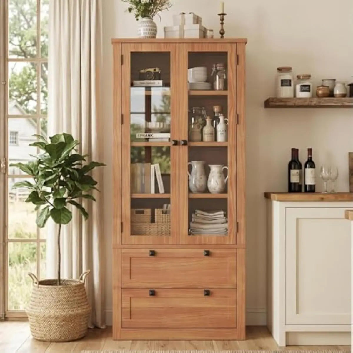 Freestanding Storage Cabinet With Glass Doors Drawers And Adjustable Shelves