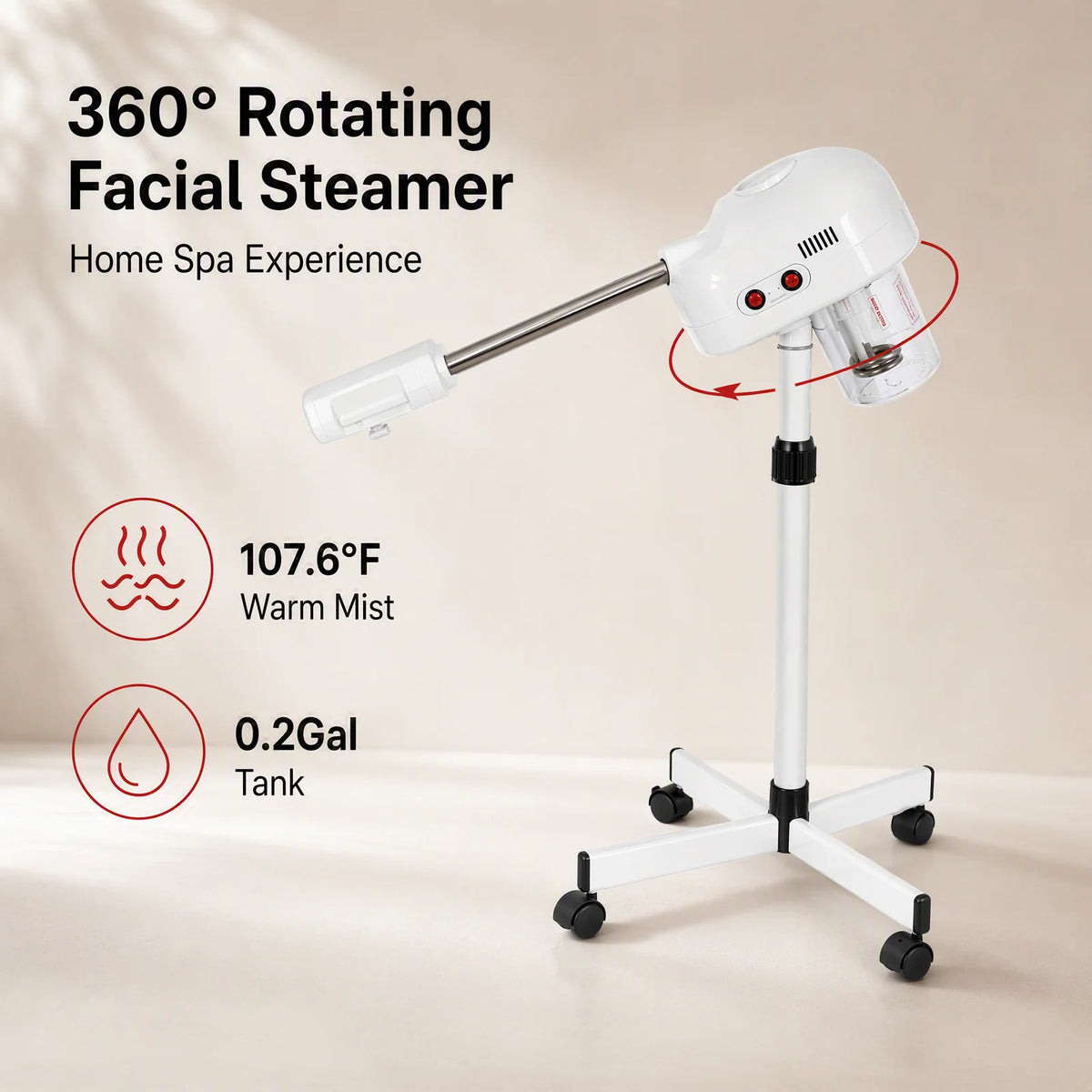 360 °   Rotating Facial Steamer – Ozone Ionic Warm Mist – Adjustable Height 44-52" – 0.2Gal Tank – Home Spa – 110V Us Plug – White