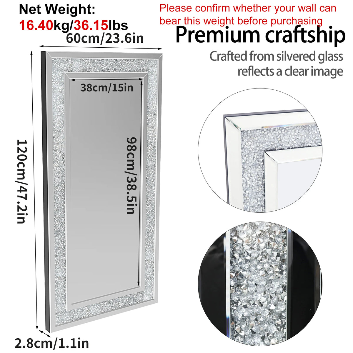 120x60CM Crystal Crush Diamond Wall Mirror Gorgeous RectangleSilver Mirrors for Bathroom, Bedroom, Dining Room and Living Room