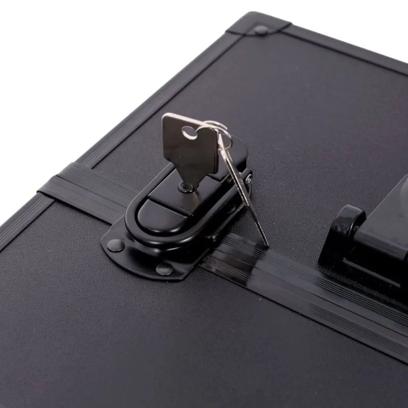 14Inch Large Black Professional Multi‑layer Foldable Makeup Case Large Capacity Cosmetic Storage Box Lockable Design Compartment Organizer with Mirror Portable Beauty Train Case for Home Dressing Table Outdoor Makeup Work