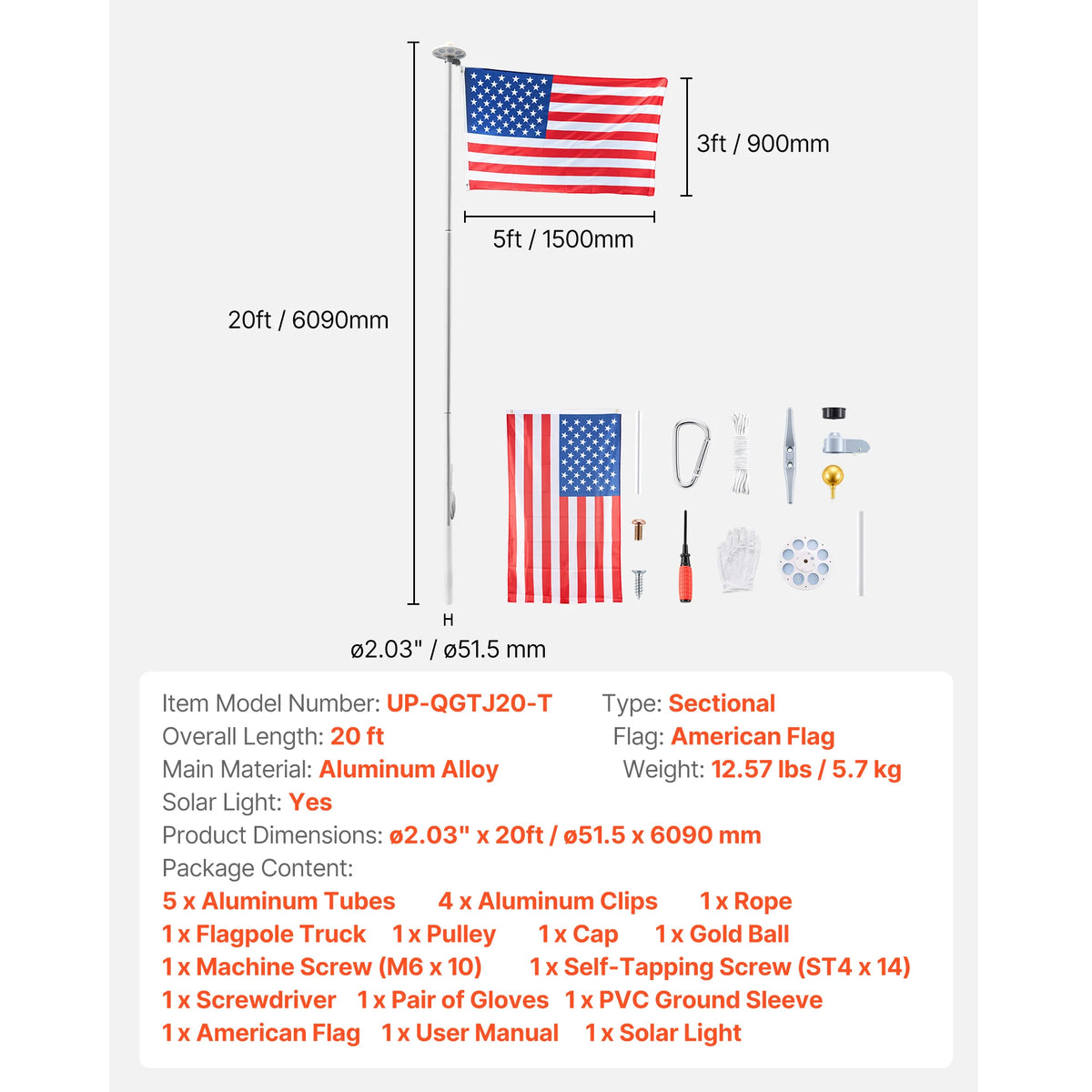 VEVOR Aluminum Flagpole Kit With American Flag For Yard