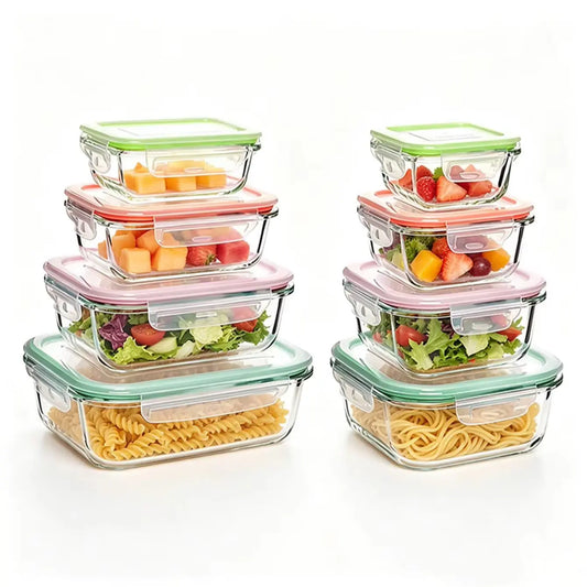 8 Pack Multi-capacity Glass Storage Organizer with Snap Lock Lids, Glass Food Containers Complete with Marker and Label Stickers, Stackable Vessels for Household Dry Food Arrangement, School Lunch Prep and Outdoor Picnic Orga