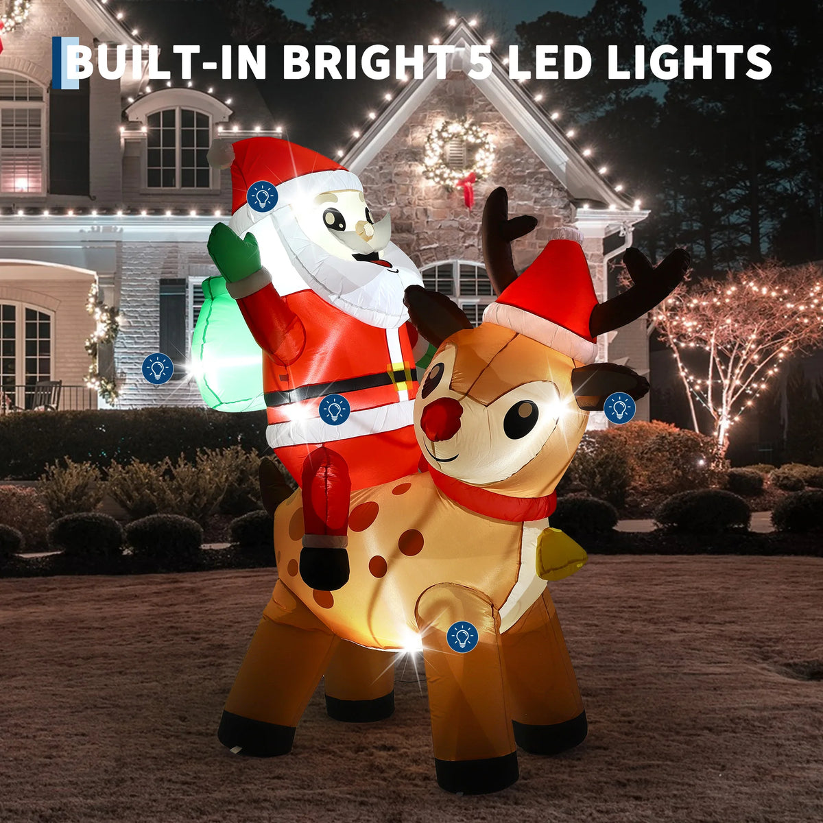 7FT Giant Inflatable Santa Claus with Reindeer Outdoor Christmas Decoration Built In LED Lights Weatherproof Polyester for Lawn Garden Indoor Holiday Party Winter Festival Yard Display Props