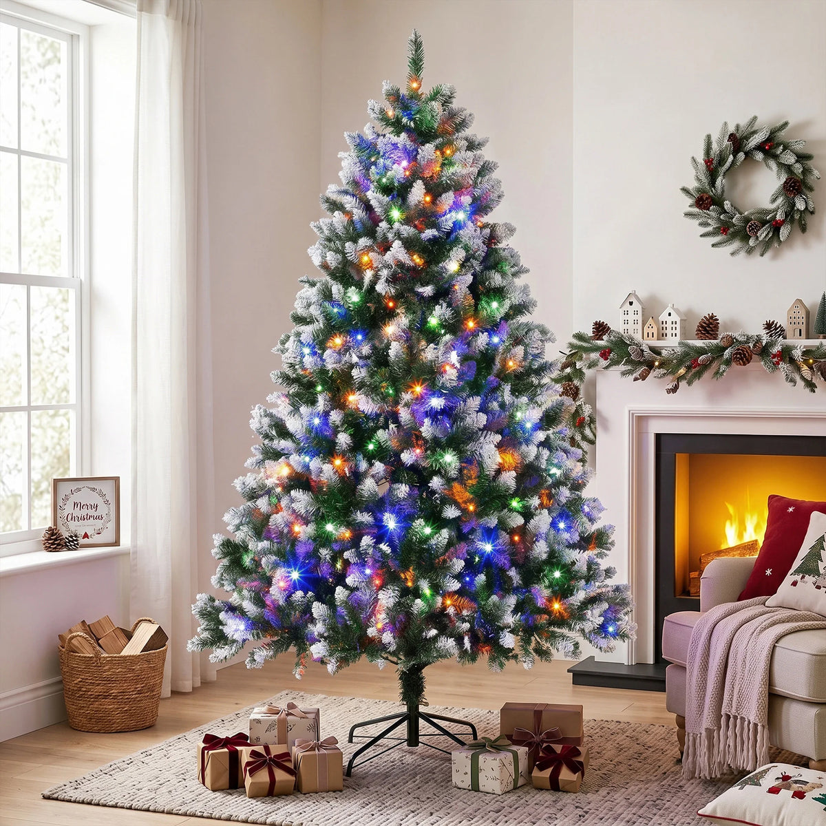 HOMCOM 7.5ft Pre-lit Artificial Christmas Tree, White-Tipped Hinged Full Xmas Tree with 1378 Tips, 11 Modes, 400 LED Lights, Remote, Foldable Metal Stand, Home Office Holiday Decoration