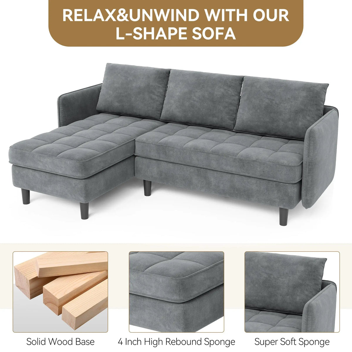 75.59 Inch Reversible L Shaped Sectional Sofa With Storage Ottoman, Chenille Couch For Small Spaces, Apartment Living Room Furniture Modern